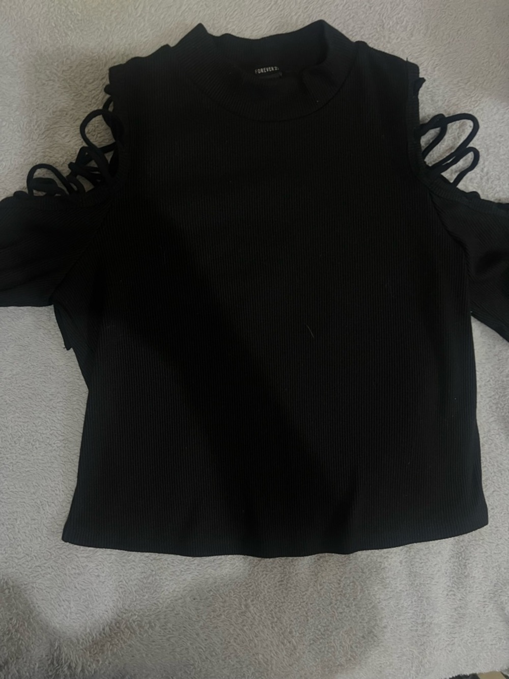 Forever 21 Black Ribbed Cold-Shoulder Top with Strappy Sleeve Detail